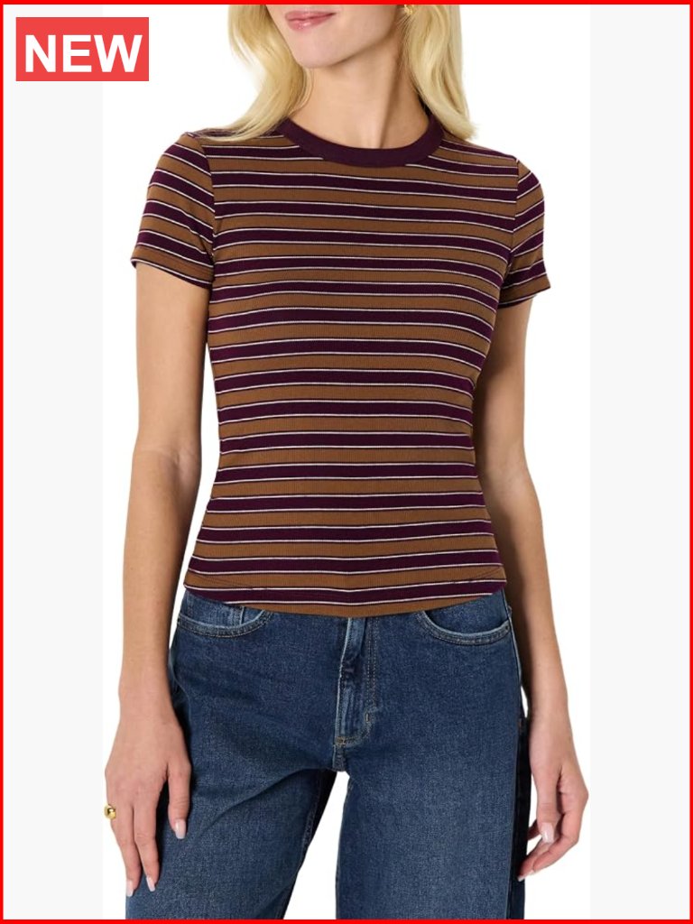 Women's Slim-Fit Stretch Rib Short Cap Sleeve Crew Neckline Tee